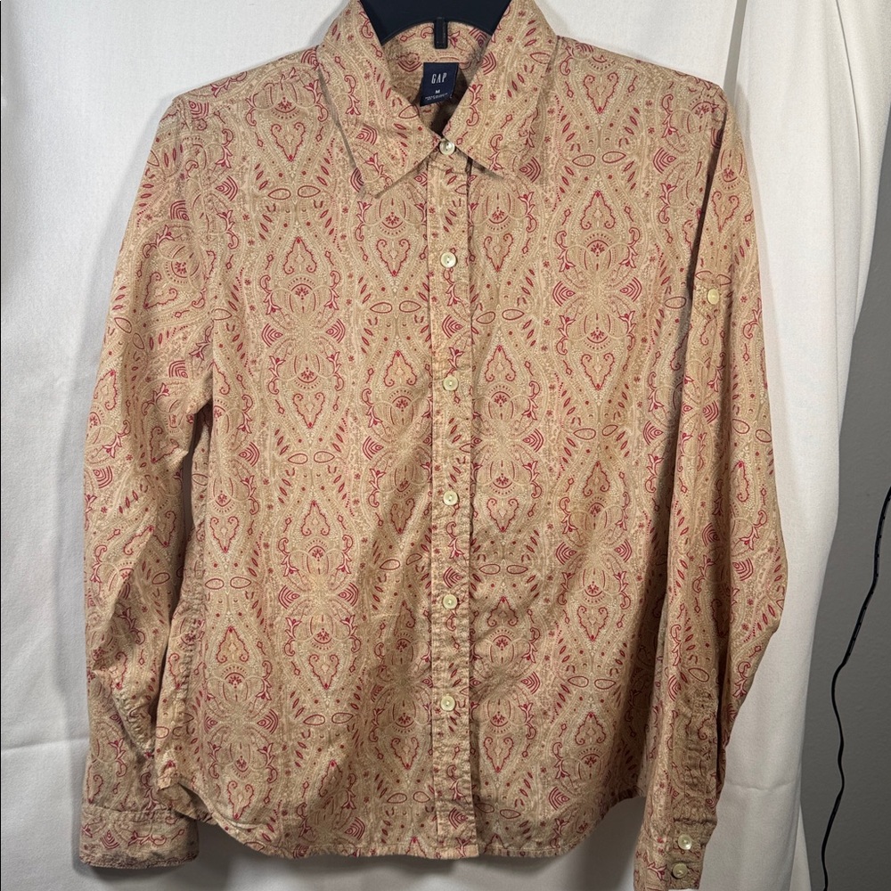 GAP Paisley Button Down Shirt Tan Coral Roll Tab Sleeve Blouse Medium M